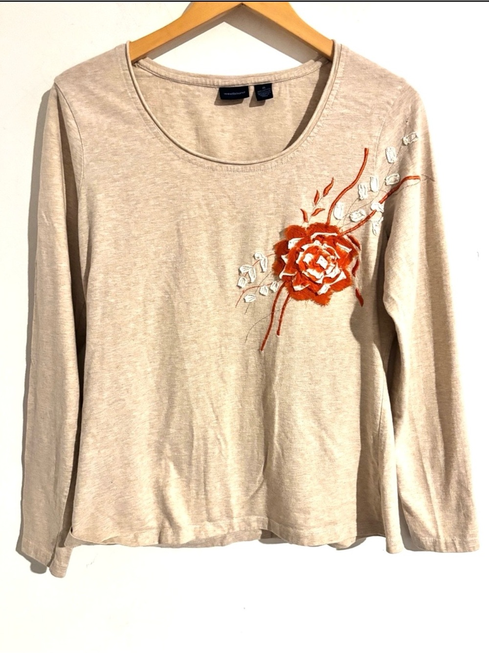 Westbound Size XL Embroidered Floral Long-Qtr Sleeve Women's Top - Beige/Orange